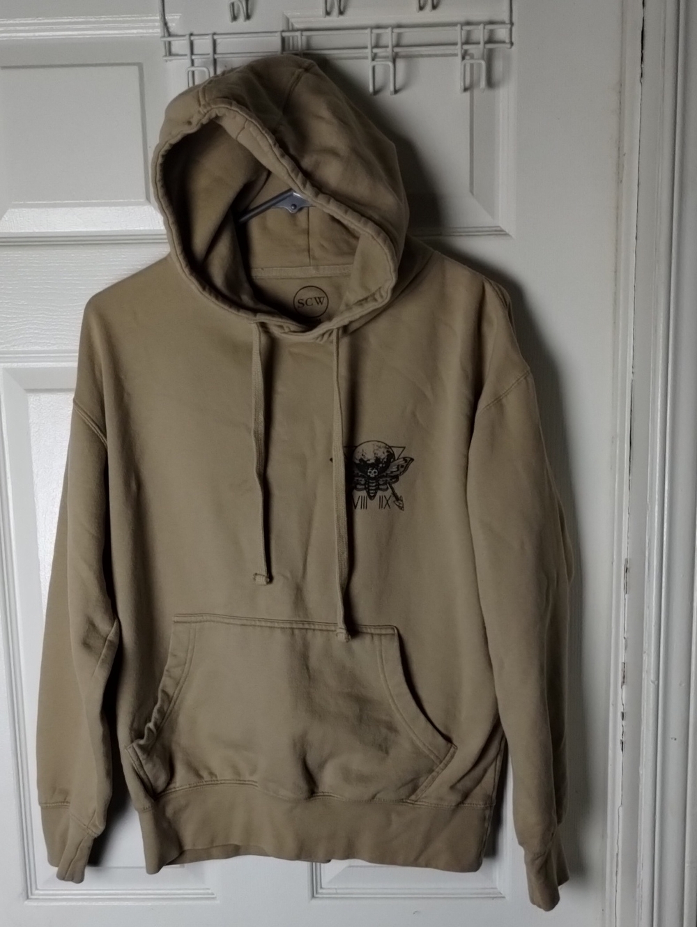 SCW Men's Tan Hoodie with Small Skull Graphic